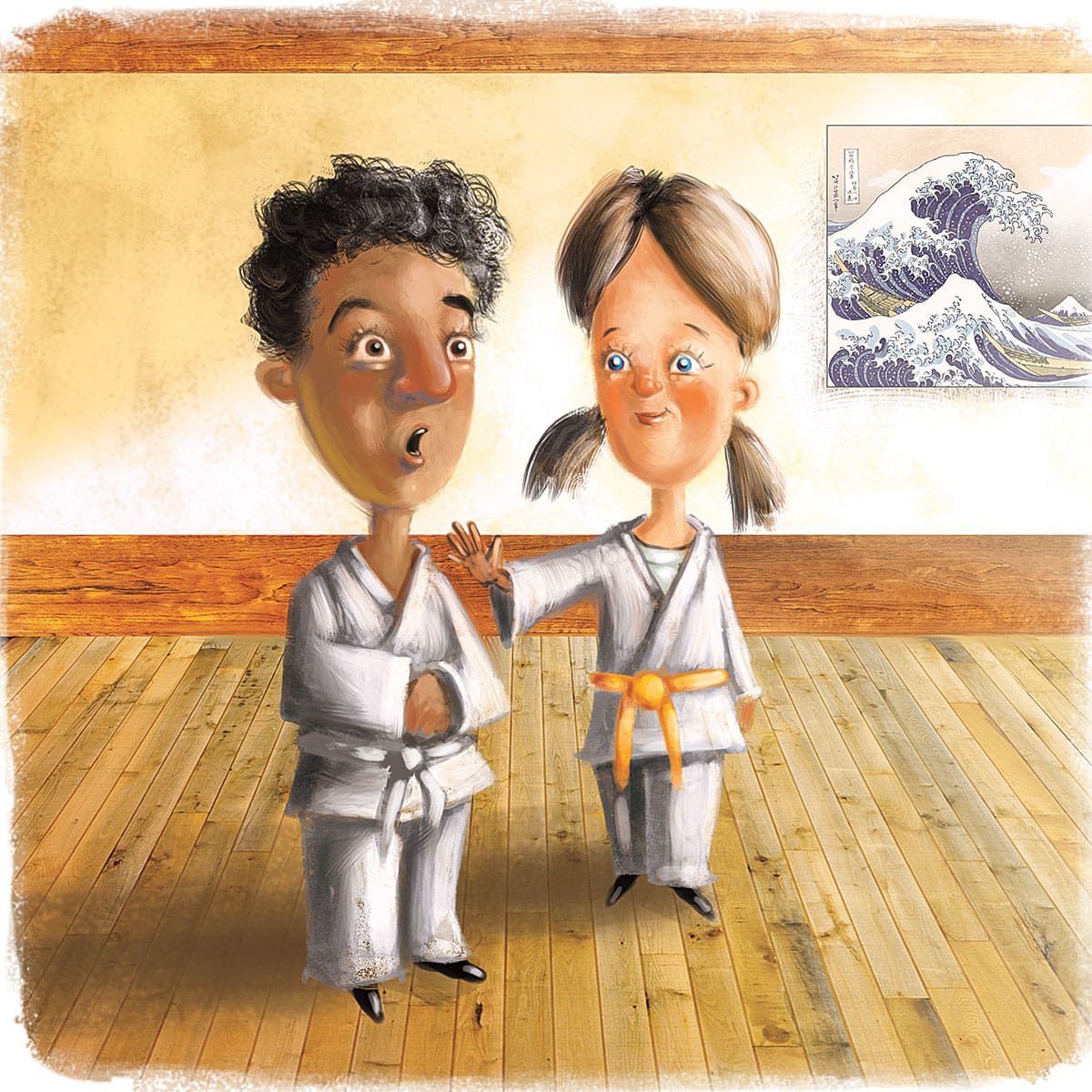 illustration of a girl and shocked young boy wearing karate uniforms