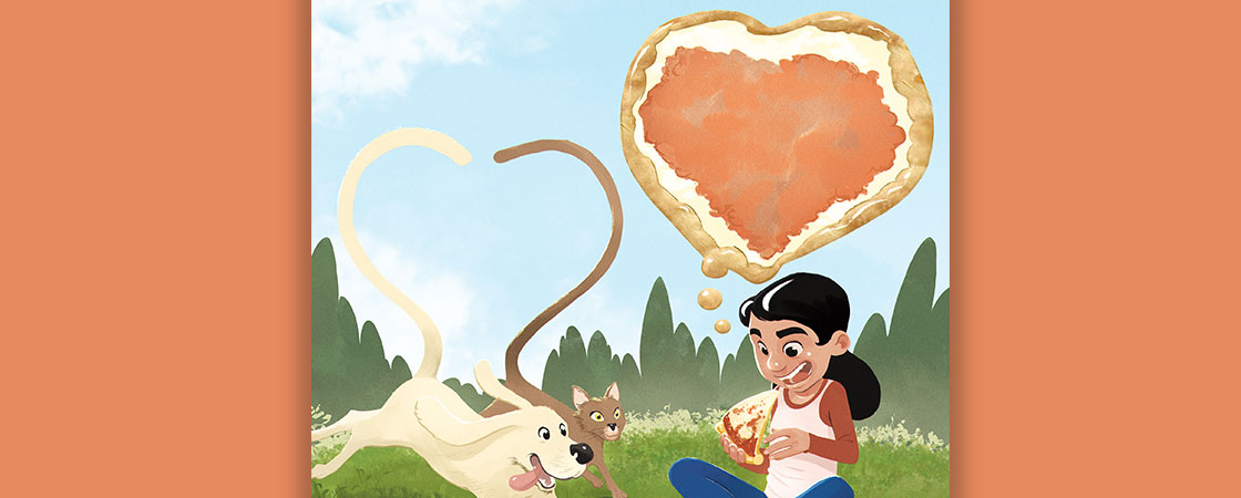 Illustration of a girl holding a slice of pizza as a cat and dog run by