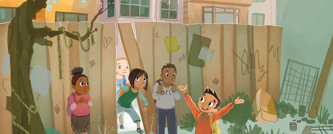 Illustration of kids sneaking into an abandoned yard