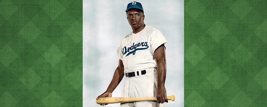 Image of Jackie Robinson wearing his Dodgers uniform