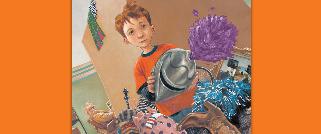 Illustration of a kid holding a knight helmet with purple plume